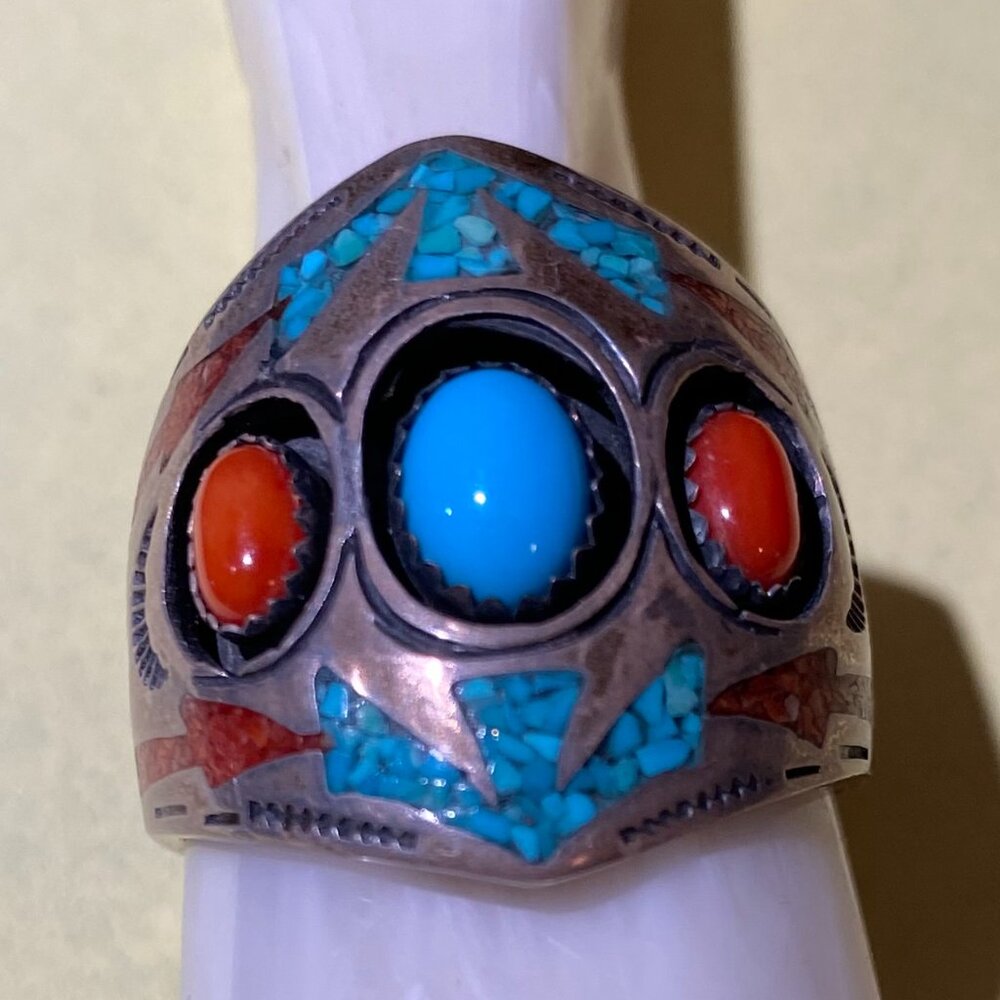 ring - sterling silver, turquoise and coral